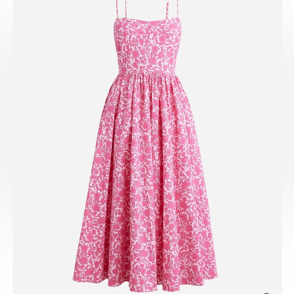 J. Crew Pink and White Floral A-Line Cotton Poplin Midi Dress
